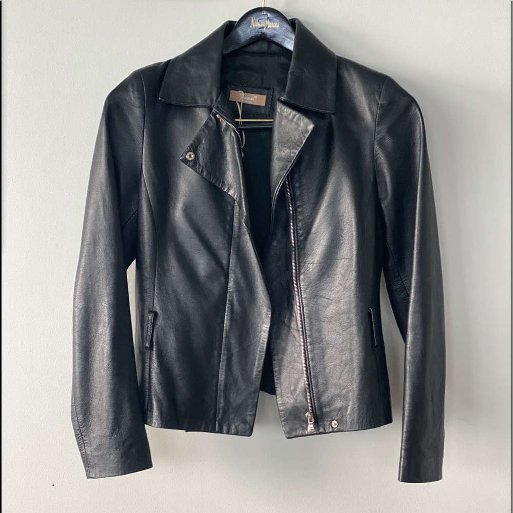 Italian Leather Asymmetric Zip Moto Jacket Soft Black Women's Size S/42